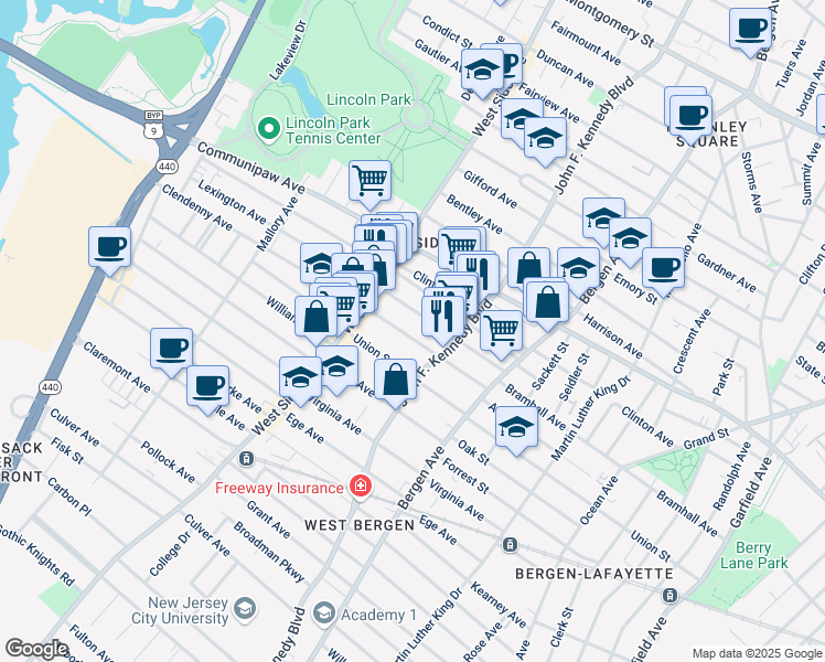 map of restaurants, bars, coffee shops, grocery stores, and more near 90 Lexington Avenue in Jersey City