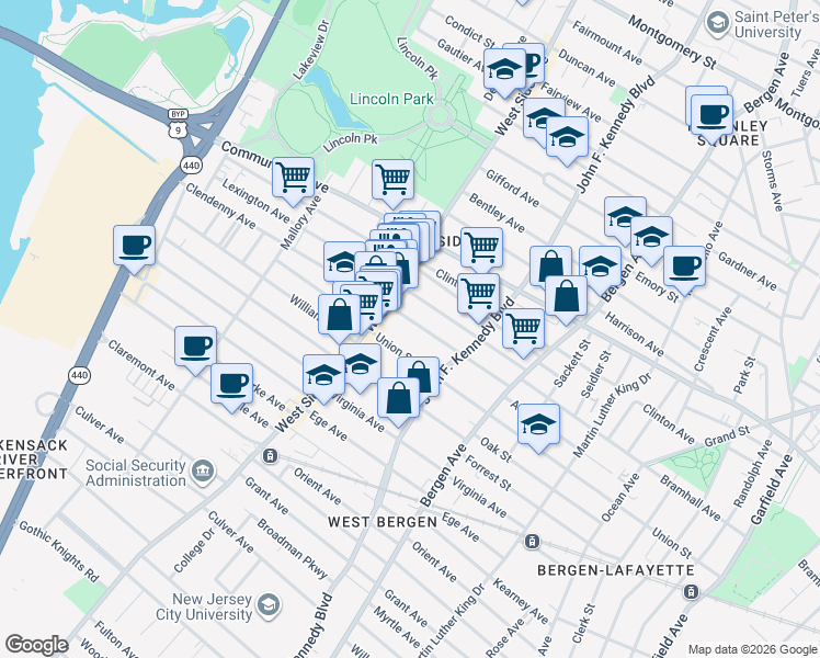 map of restaurants, bars, coffee shops, grocery stores, and more near 115 Lexington Avenue in Jersey City