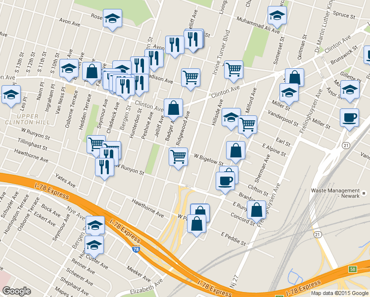 map of restaurants, bars, coffee shops, grocery stores, and more near 134 Ridgewood Avenue in Newark