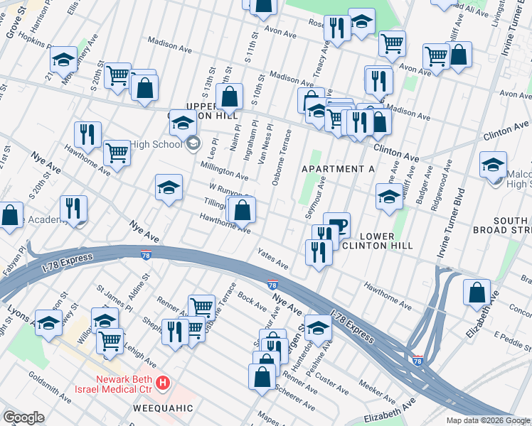 map of restaurants, bars, coffee shops, grocery stores, and more near 245 West Runyon Street in Newark