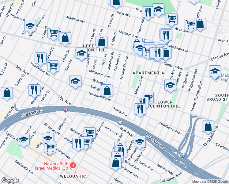 map of restaurants, bars, coffee shops, grocery stores, and more near 245 West Runyon Street in Newark
