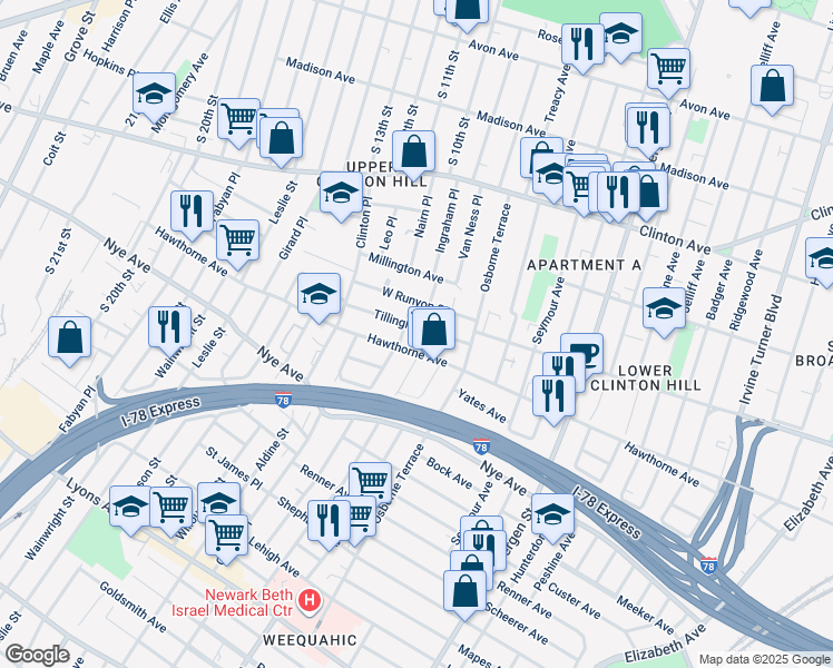 map of restaurants, bars, coffee shops, grocery stores, and more near 274 West Runyon Street in Newark