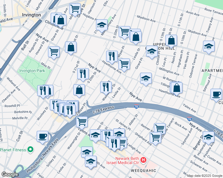 map of restaurants, bars, coffee shops, grocery stores, and more near 244 Nye Avenue in Newark