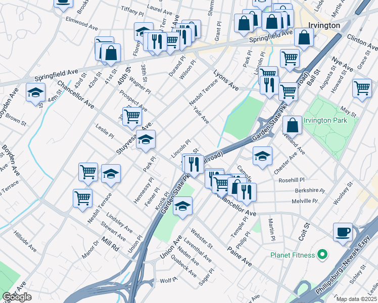 map of restaurants, bars, coffee shops, grocery stores, and more near 10 Maple Place in Irvington
