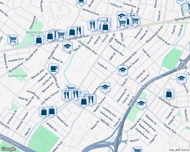 map of restaurants, bars, coffee shops, grocery stores, and more near 40 Harding Terrace in Irvington