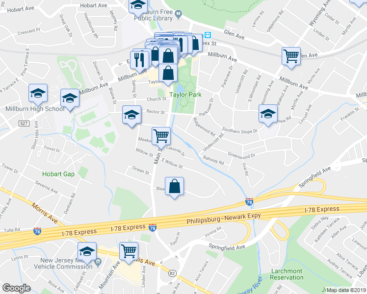 map of restaurants, bars, coffee shops, grocery stores, and more near 122 Greenwood Drive in Essex County