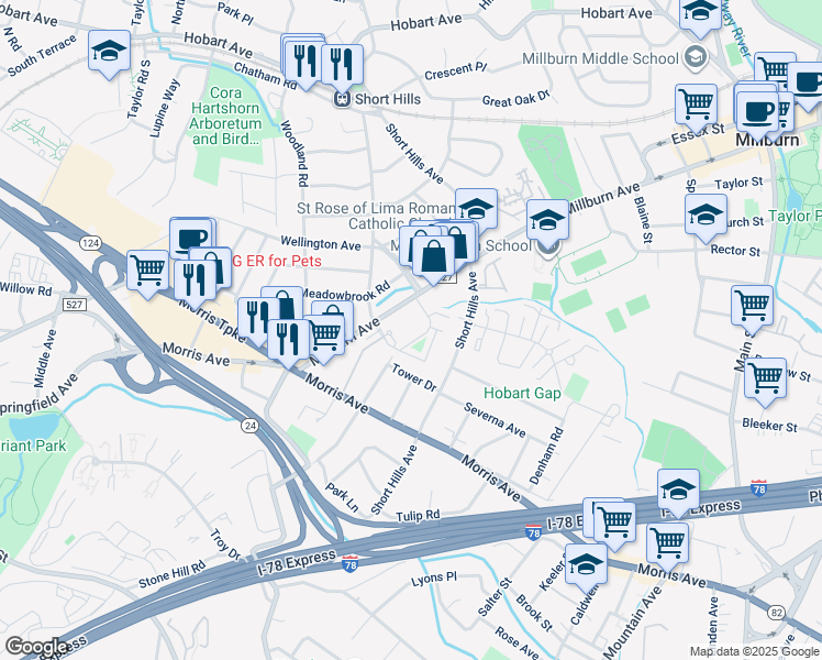 map of restaurants, bars, coffee shops, grocery stores, and more near in Millburn