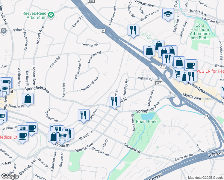 map of restaurants, bars, coffee shops, grocery stores, and more near 65 Prospect Hill Avenue in Summit