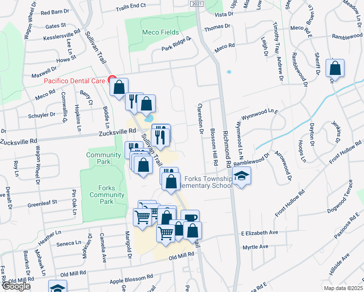 map of restaurants, bars, coffee shops, grocery stores, and more near 209 Huntington Lane in Easton