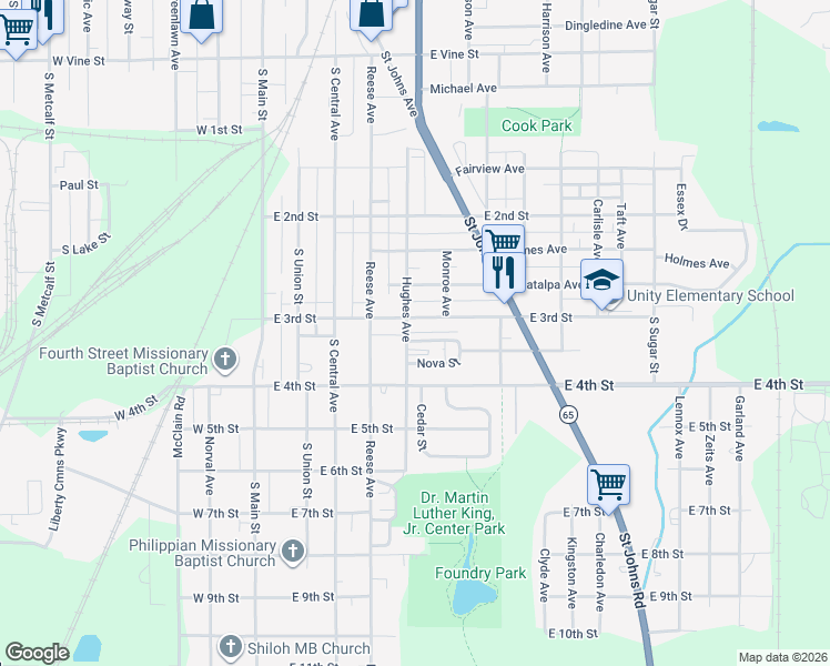 map of restaurants, bars, coffee shops, grocery stores, and more near 509 East 3rd Street in Lima