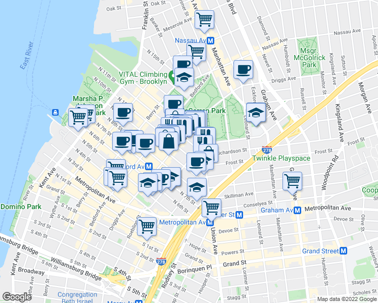 map of restaurants, bars, coffee shops, grocery stores, and more near 236 North 12th Street in Brooklyn