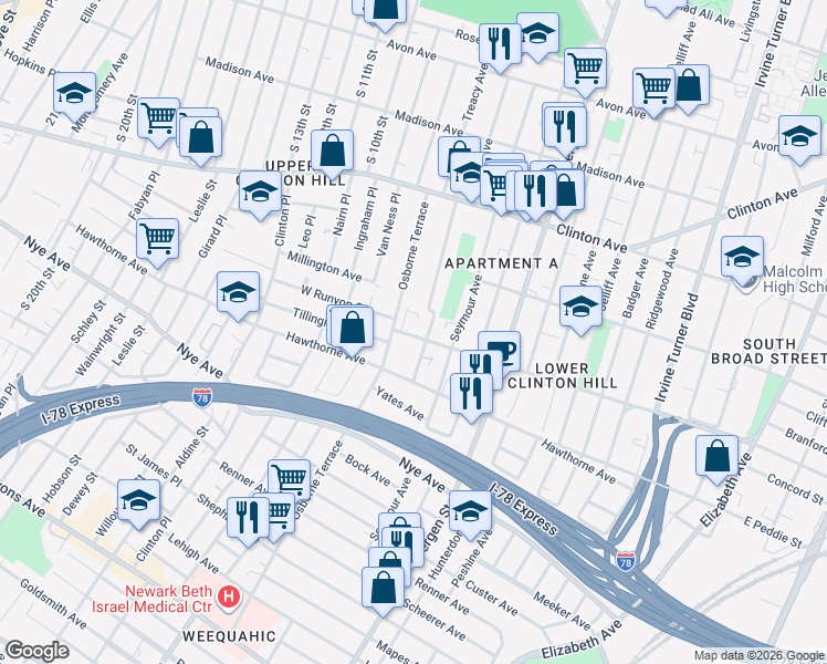 map of restaurants, bars, coffee shops, grocery stores, and more near 223 West Runyon Street in Newark