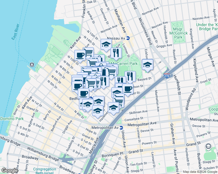 map of restaurants, bars, coffee shops, grocery stores, and more near 215 North 10th Street in Brooklyn