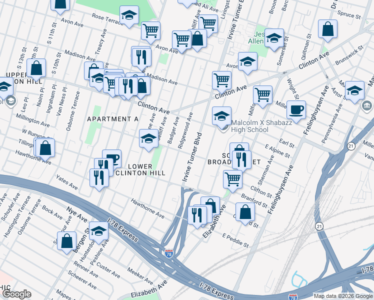 map of restaurants, bars, coffee shops, grocery stores, and more near 183 West Bigelow Street in Newark