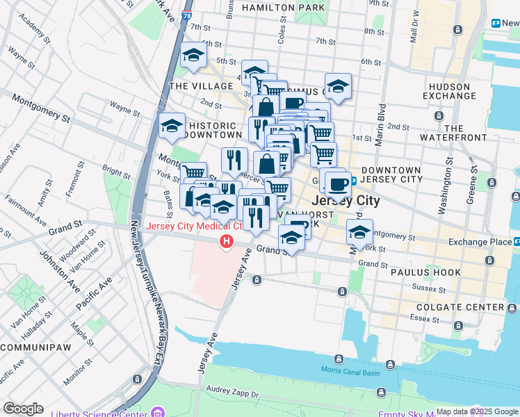 map of restaurants, bars, coffee shops, grocery stores, and more near 459 Jersey Avenue in Jersey City