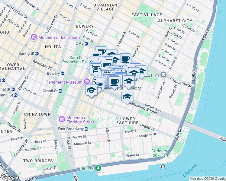 map of restaurants, bars, coffee shops, grocery stores, and more near 96 Suffolk Street in New York