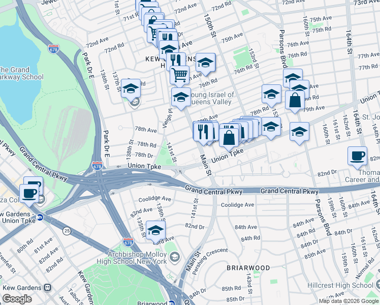 map of restaurants, bars, coffee shops, grocery stores, and more near 141-34 79th Avenue in Queens