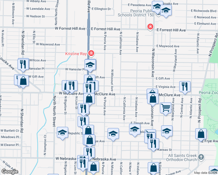map of restaurants, bars, coffee shops, grocery stores, and more near 308 East Virginia Avenue in Peoria