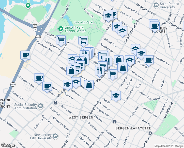map of restaurants, bars, coffee shops, grocery stores, and more near 90 Lexington Avenue in Jersey City