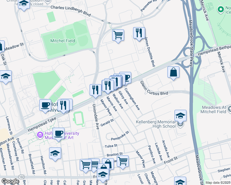 map of restaurants, bars, coffee shops, grocery stores, and more near 1184 Hempstead Bethpage Turnpike in Uniondale