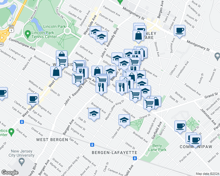 map of restaurants, bars, coffee shops, grocery stores, and more near 644 Communipaw Avenue in Jersey City