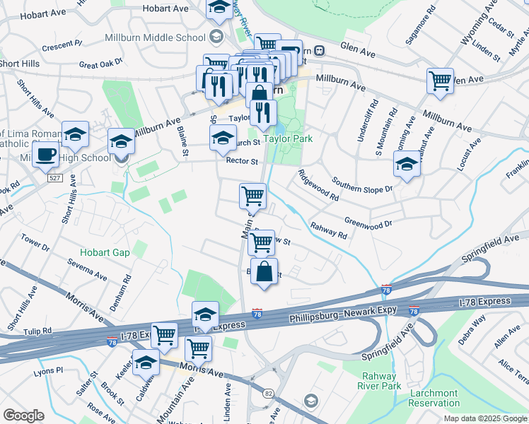 map of restaurants, bars, coffee shops, grocery stores, and more near 186 Main Street in Essex County