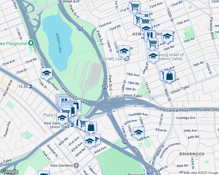 map of restaurants, bars, coffee shops, grocery stores, and more near 135-03 78th Road in Queens