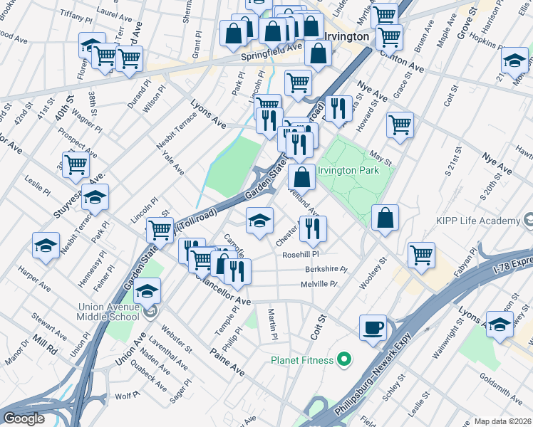 map of restaurants, bars, coffee shops, grocery stores, and more near 80 Cleremont Avenue in Irvington