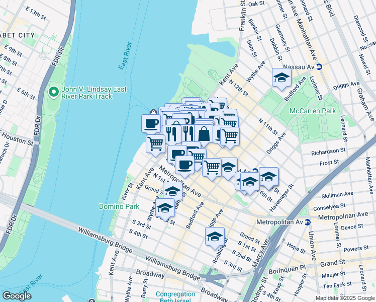 map of restaurants, bars, coffee shops, grocery stores, and more near 55 North 5th Street in Brooklyn