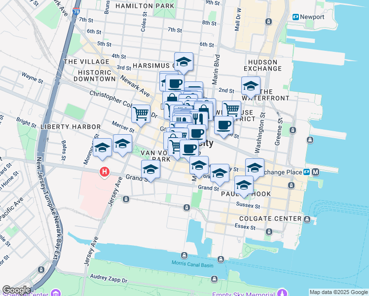 map of restaurants, bars, coffee shops, grocery stores, and more near 292 Grove Street in Jersey City