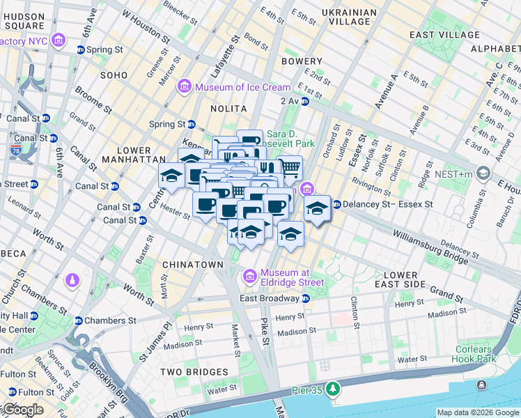 map of restaurants, bars, coffee shops, grocery stores, and more near Forsyth Street in New York