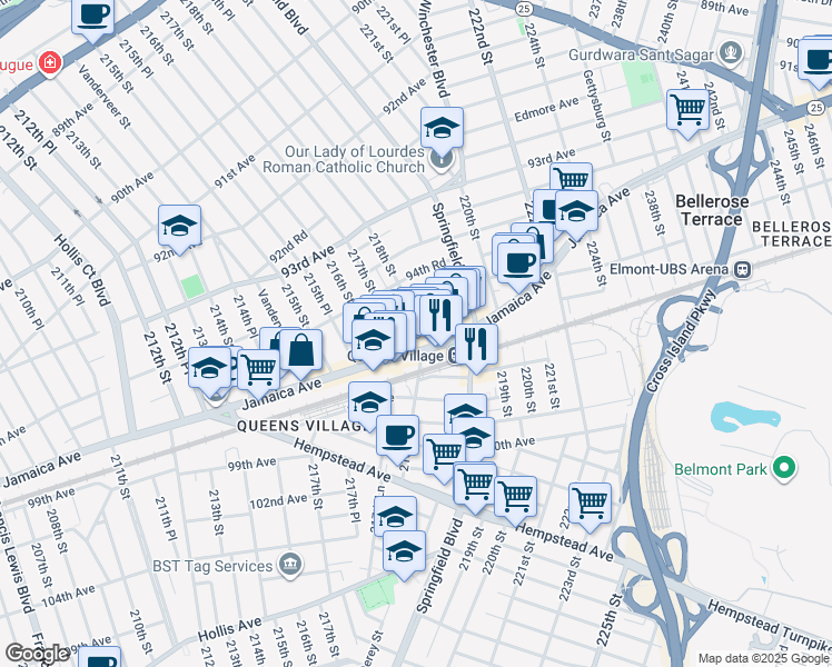 map of restaurants, bars, coffee shops, grocery stores, and more near 94-66 219th Street in Queens