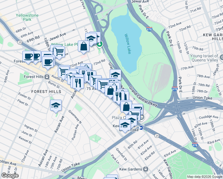 map of restaurants, bars, coffee shops, grocery stores, and more near 7502 113th Street in Queens