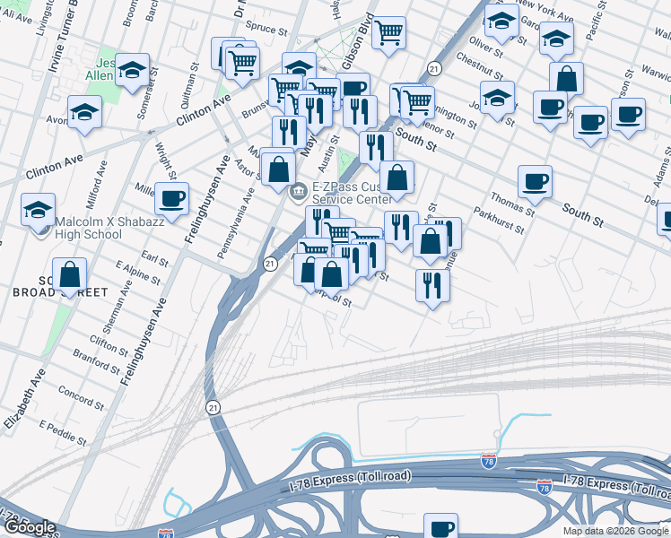 map of restaurants, bars, coffee shops, grocery stores, and more near 200 Wright Street in Newark