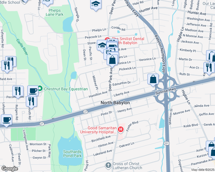 map of restaurants, bars, coffee shops, grocery stores, and more near 12 Springwood Drive in North Babylon