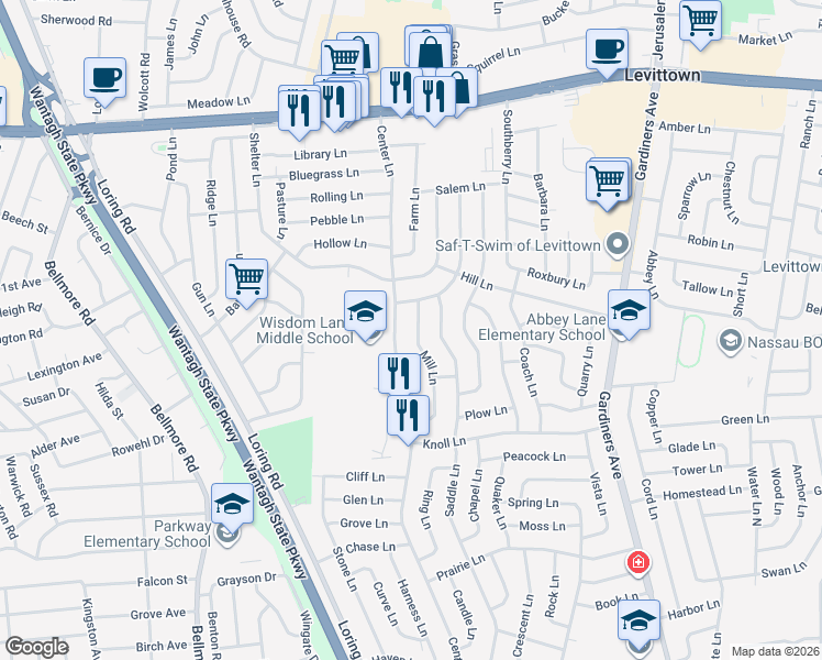 map of restaurants, bars, coffee shops, grocery stores, and more near 73 Academy Lane in Levittown