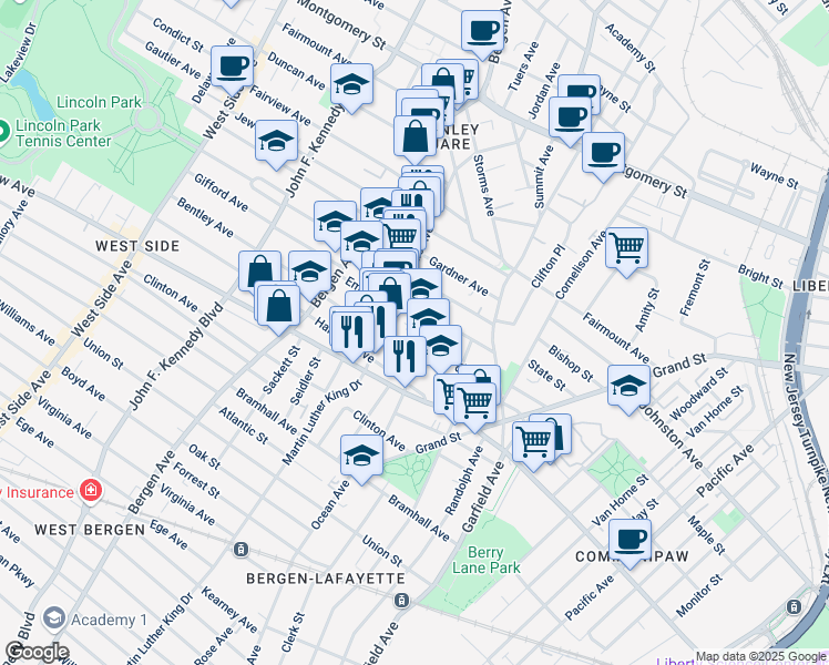 map of restaurants, bars, coffee shops, grocery stores, and more near 79 Crescent Avenue in Jersey City