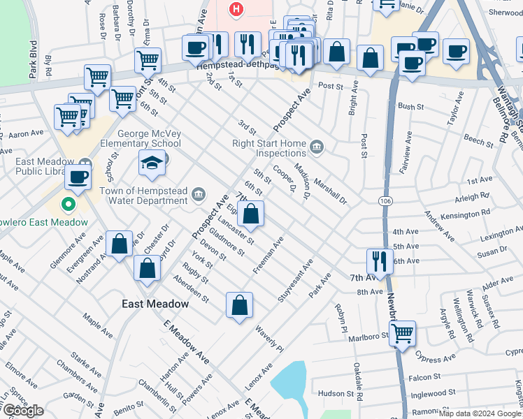 map of restaurants, bars, coffee shops, grocery stores, and more near 2385 7th Street in East Meadow
