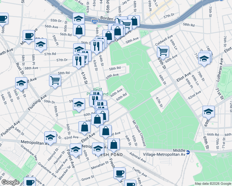 map of restaurants, bars, coffee shops, grocery stores, and more near 64-43 60th Avenue in Queens