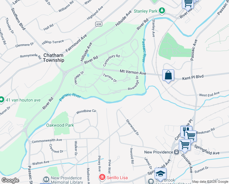 map of restaurants, bars, coffee shops, grocery stores, and more near 217 Terrace Drive in Chatham Township
