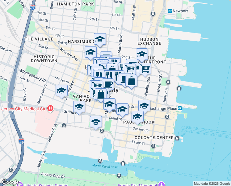 map of restaurants, bars, coffee shops, grocery stores, and more near in Jersey City
