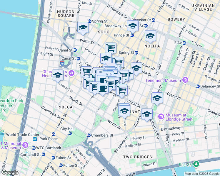 map of restaurants, bars, coffee shops, grocery stores, and more near in New York