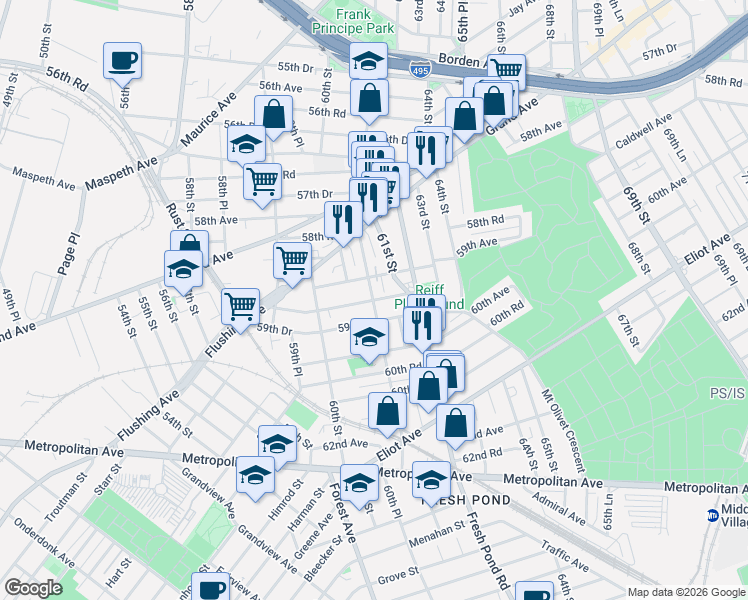map of restaurants, bars, coffee shops, grocery stores, and more near 59th Road in Queens