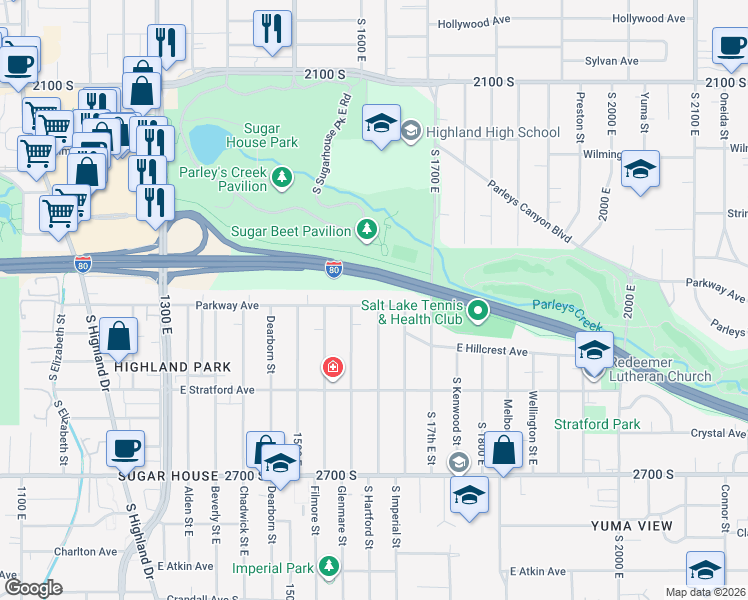 map of restaurants, bars, coffee shops, grocery stores, and more near 1603 Parkway Avenue South in Salt Lake City