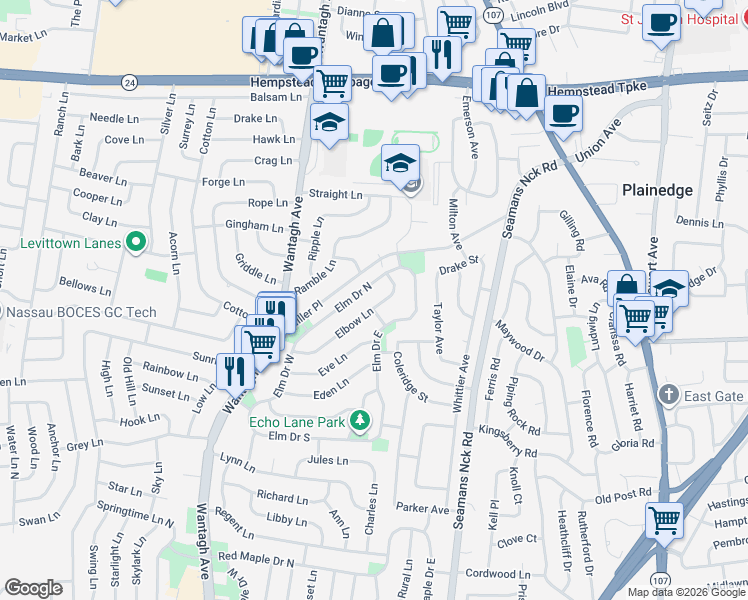map of restaurants, bars, coffee shops, grocery stores, and more near 103 Elm Drive North in Levittown