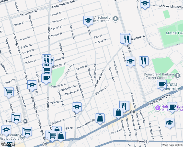 map of restaurants, bars, coffee shops, grocery stores, and more near 7 Chamberlain Street in Hempstead