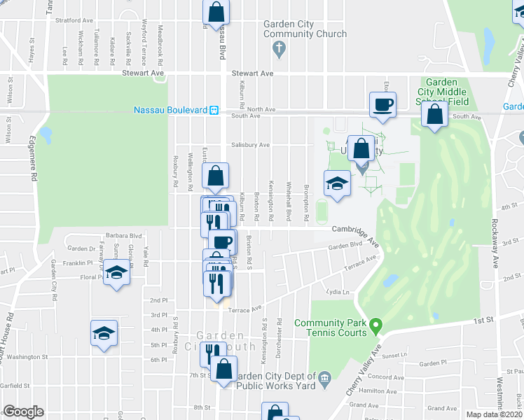 map of restaurants, bars, coffee shops, grocery stores, and more near 120 Chester Avenue in Garden City