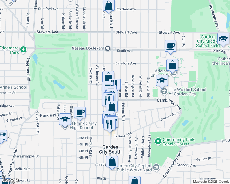 map of restaurants, bars, coffee shops, grocery stores, and more near 7 Nassau Boulevard in Garden City