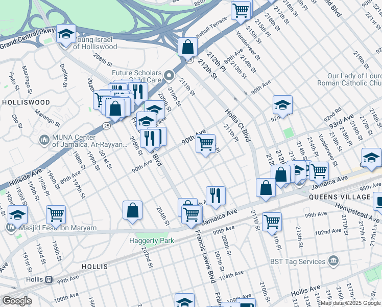map of restaurants, bars, coffee shops, grocery stores, and more near 90-02 209th Street in Queens