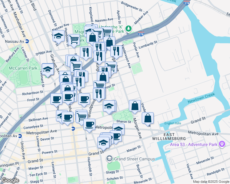 map of restaurants, bars, coffee shops, grocery stores, and more near 340 Frost Street in Brooklyn